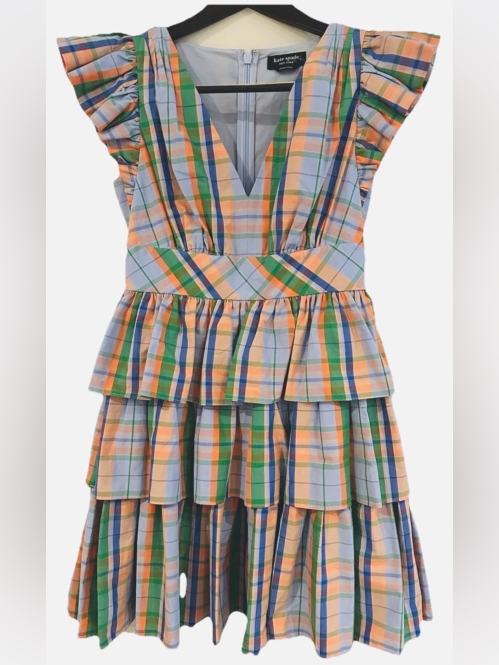 Kate Spade Pastel Plaid Tiered Ruffle Dress in Blue, Peach, Green Size 4 - Picture 4 of 13